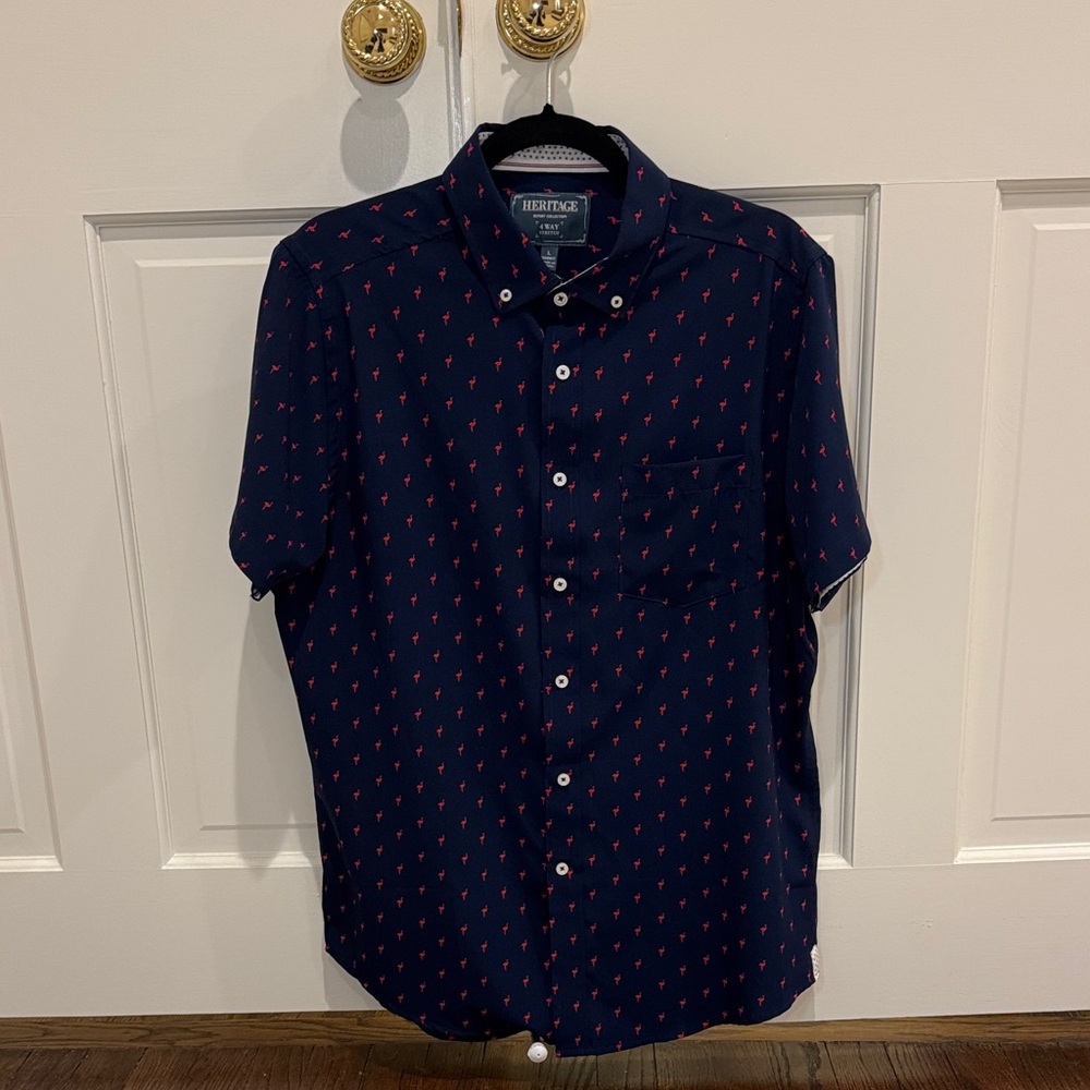 J.Crew Heritage Navy Flamingo Print Short Sleeve Button Down Shirt Size L